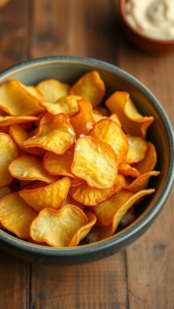 Homemade Potato Chips Recipe A bowl of crispy homemade potato chips seasoned with salt, accompanied by a small dish of dip on a wooden table.